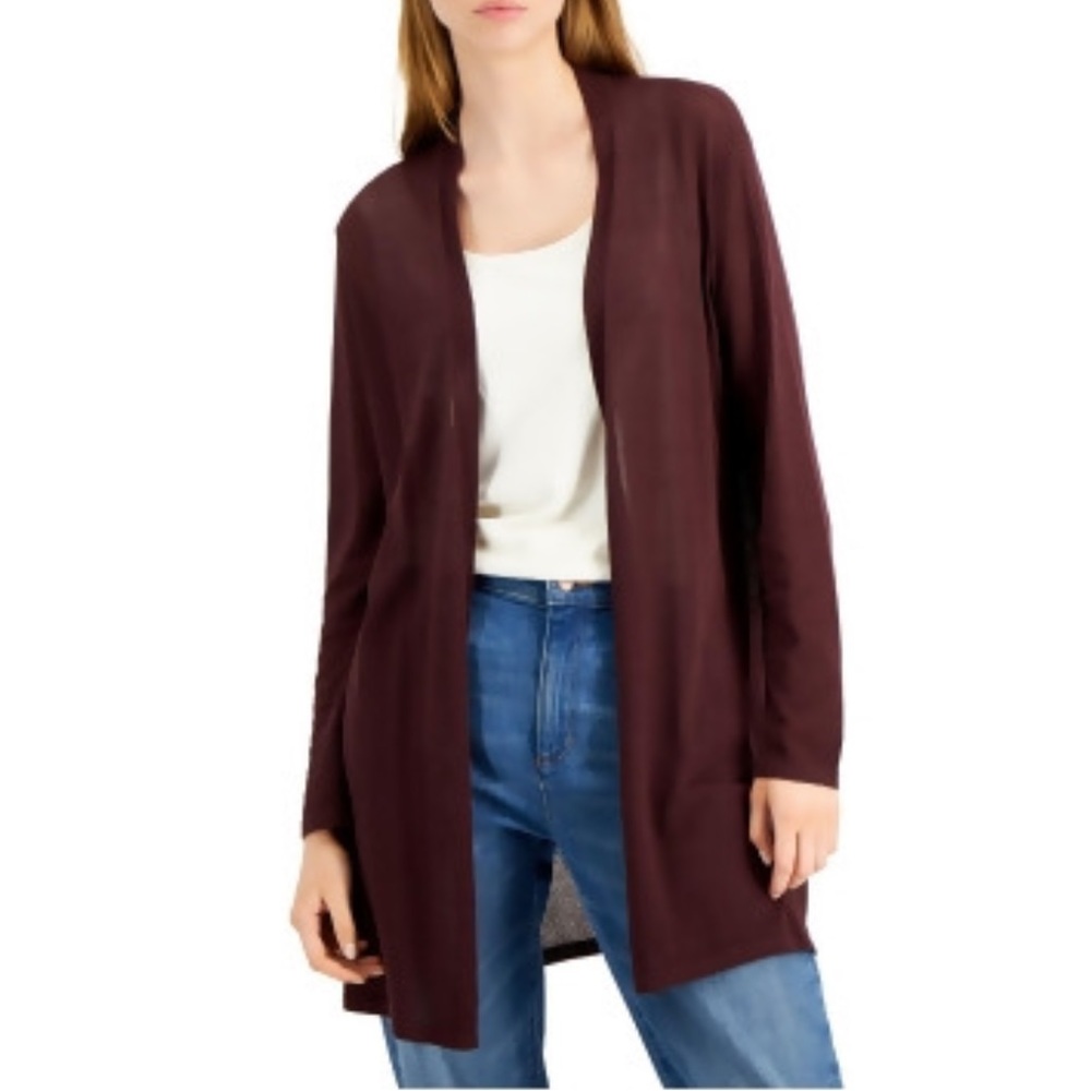 Eileen Fisher Open-Front Long Cardigan in Deep Burgundy. Very light weigh.